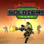 군복을 입은 병사가 자동 화기로 전방을 향해 발사하고 있으며, 뒷배경에는 폭발과 다른 병사들의 실루엣이 보입니다