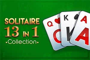 녹색 배경에 카드 세 장(퀸, 킹, 에이스)과 SOLITAIRE 13 IN 1 Collection이라는 텍스트가 있습니다
