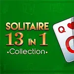 녹색 배경에 카드 세 장(퀸, 킹, 에이스)과 SOLITAIRE 13 IN 1 Collection이라는 텍스트가 있습니다