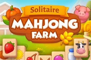 농장 테마의 마작 퍼즐 게임 이미지로, 과일과 동물 아이콘이 포함되어 있으며 Solitaire Mahjong Farm이라는 글자가 중앙에 있음