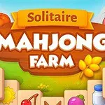 농장 테마의 마작 퍼즐 게임 이미지로, 과일과 동물 아이콘이 포함되어 있으며 Solitaire Mahjong Farm이라는 글자가 중앙에 있음