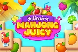 화려한 색상의 과일, 앵무새, 그리고 카드가 있는 Solitaire Mahjong Juicy라는 제목의 이미지