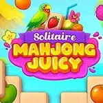 화려한 색상의 과일, 앵무새, 그리고 카드가 있는 Solitaire Mahjong Juicy라는 제목의 이미지
