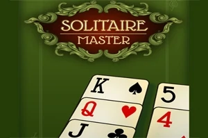 녹색 배경에 카드와 장식 문자로 쓰인 SOLITAIRE MASTER 제목이 있는 이미지