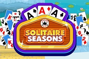 카드가 겹쳐져 있는 배경에 SOLITAIRE SEASONS라는 텍스트가 중앙에 강조되어 있다
