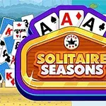 카드가 겹쳐져 있는 배경에 SOLITAIRE SEASONS라는 텍스트가 중앙에 강조되어 있다