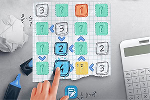 종이에 숫자와 화살표가 그려진 퍼즐과 계산기 및 펜이 놓여져 있는 이미지