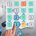 종이에 숫자와 화살표가 그려진 퍼즐과 계산기 및 펜이 놓여져 있는 이미지