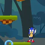 파란색 고슴도치 캐릭터가 숲을 배경으로 녹색 고리와 떠 있는 플랫폼 사이에 서 있는 장면