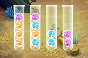 시험관에 다양한 색상의 만화 캐릭터 공들이 들어있는 이미지