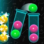 3개의 시험관에 여러 색깔의 공들이 담겨 있고 하나의 녹색 공이 다른 시험관으로 옮겨지고 있다