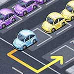 보라색과 노란색 자동차가 주차된 도로 위에 파란색 자동차가 화살표를 따라 움직이는 모습