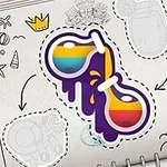 색깔이 있는 물약 스티커가 그려진 노트에 여러 작은 스케치들이 있는 이미지