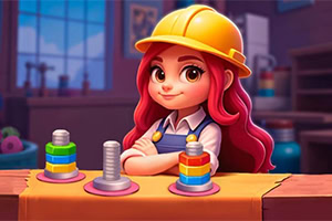 건설 모자와 작업복을 입은 빨간 머리 소녀가 작업대에 기대고 있는 모습