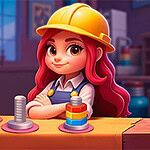 건설 모자와 작업복을 입은 빨간 머리 소녀가 작업대에 기대고 있는 모습