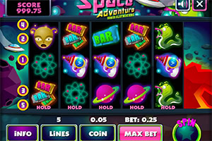 우주 테마의 슬롯 게임 화면으로 외계인, 레이저 총, 바 표시, 그리고 우주 생물이 리일에 나타나 있습니다