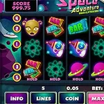 우주 테마의 슬롯 게임 화면으로 외계인, 레이저 총, 바 표시, 그리고 우주 생물이 리일에 나타나 있습니다