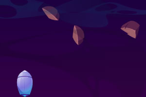 보라색 배경 위에 둥근 물체와 네 개의 갈색 돌처럼 보이는 형체들이 떠 있는 장면