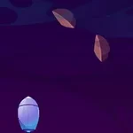 보라색 배경 위에 둥근 물체와 네 개의 갈색 돌처럼 보이는 형체들이 떠 있는 장면