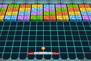 격자 무늬 배경의 화면에 다채로운 색상의 벽돌 줄과 그 아래 빨간 패들이 있는 모습