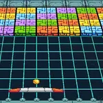 격자 무늬 배경의 화면에 다채로운 색상의 벽돌 줄과 그 아래 빨간 패들이 있는 모습