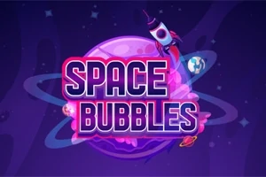 우주를 배경으로 행성 주변에 로켓과 행성이 떠 있는 모습과 SPACE BUBBLES 텍스트가 있는 이미지