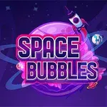 우주를 배경으로 행성 주변에 로켓과 행성이 떠 있는 모습과 SPACE BUBBLES 텍스트가 있는 이미지