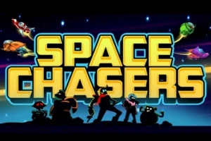 SPACE CHASERS라는 큰 텍스트 앞에 서 있는 다양한 캐릭터들의 실루엣과 하늘의 우주선들