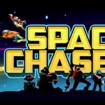 SPACE CHASERS라는 큰 텍스트 앞에 서 있는 다양한 캐릭터들의 실루엣과 하늘의 우주선들