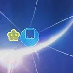 푸른 우주 배경에 노란 꽃 모양 아이콘과 파란색 원형 아이콘이 함께 있는 이미지