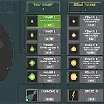 우주 배경에 로봇과 다양한 능력 및 아이템을 표시하는 메뉴가 있는 인터페이스