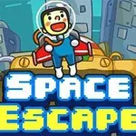 우주복을 입은 캐릭터가 대도시의 빌딩 앞에 서 있는 장면