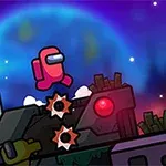 우주를 배경으로 빨간색 캐릭터가 장애물을 넘고 있는 장면