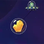 우주선에 탑승한 외계인이 거대한 황금색 크리스탈이 들어있는 거품에 연결된 모습