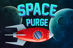우주를 배경으로 붉은 로켓이 중앙에 있으며, SPACE PURGE라는 문구가 위쪽에 표시되어 있다