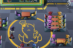 식당에서 다양한 색상의 외계인들이 식탁에 앉아 음식을 먹고 있는 장면