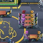 식당에서 다양한 색상의 외계인들이 식탁에 앉아 음식을 먹고 있는 장면