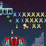 우주 배경의 화면에 다양한 색상의 외계 함대가 배열되어 있고, 중앙에 빨간색 우주선이 놓여져 있는 이미지