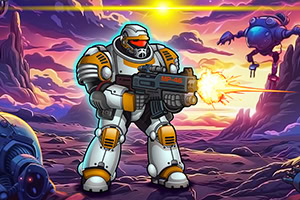 우주복을 입은 병사가 화려한 외계 행성 배경에서 큰 무기를 들고 있는 장면