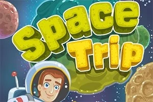 우주복을 입은 남성과 행성들이 배경에 있는 Space Trip 글자