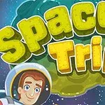 우주복을 입은 남성과 행성들이 배경에 있는 Space Trip 글자