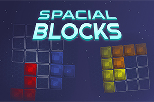 파란색과 빨간색, 노란색 블록 조각들이 어두운 배경에 배열되어 있으며, 상단에 SPACIAL BLOCKS라는 텍스트가 있습니다