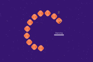 보라색 배경 위에 주황색 몸체를 가진 뱀 모양의 캐릭터가 배고픔 게이지와 함께 그려져 있다