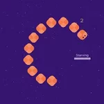 보라색 배경 위에 주황색 몸체를 가진 뱀 모양의 캐릭터가 배고픔 게이지와 함께 그려져 있다