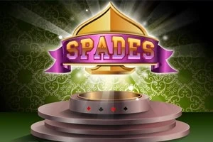 보라색 리본과 SPADES 글자가 있는 황금 색상의 스페이드 모양이 빛나는 배경 위에 떠 있는 이미지