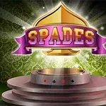 보라색 리본과 SPADES 글자가 있는 황금 색상의 스페이드 모양이 빛나는 배경 위에 떠 있는 이미지
