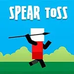 파란 하늘 아래 초록색 잔디 위에서 빨간 옷을 입은 사각형 모양의 캐릭터가 창을 던지는 모습