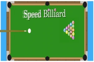 초록색 당구대 위에 삼각형으로 배열된 컬러 당구공들과 Speed Billiard라는 텍스트가 있는 이미지