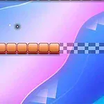 핑크와 파란색 배경에 주황색 블록들이 일렬로 놓여 있으며, 오른쪽에 체커보드 패턴의 선이 있습니다