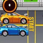 주황색과 파란색 자동차가 출발선에 대기 중이며, 도로 위에 노란색 구슬이 놓여 있다